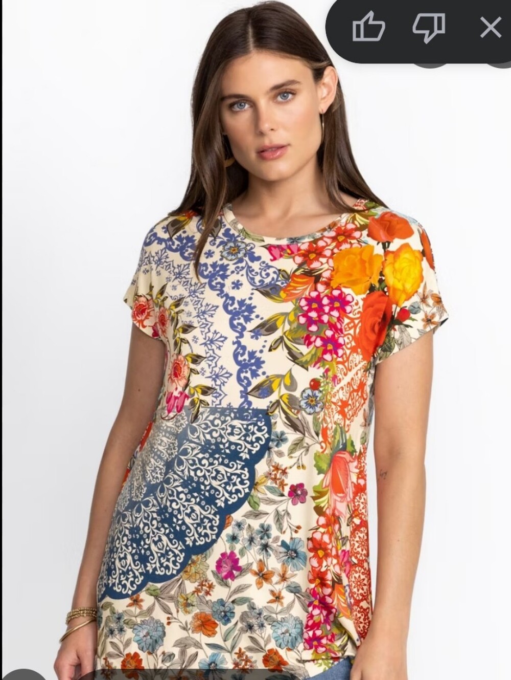 Johnny Was  Multicolor Floral Patchwork Short Sleeve Tee